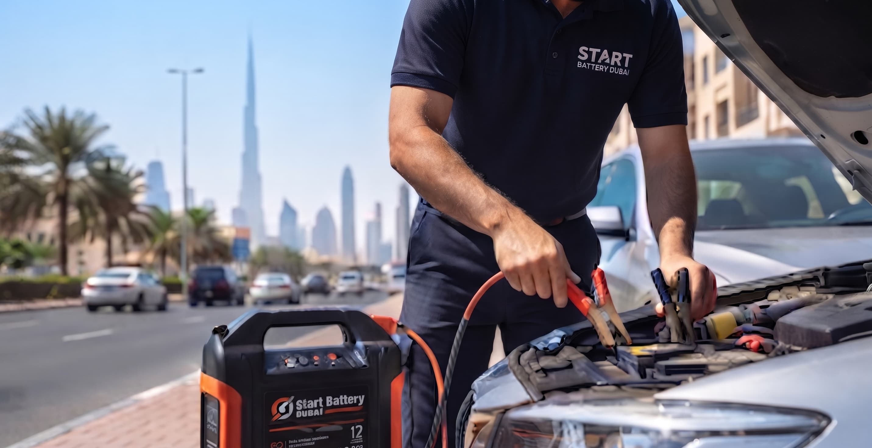 Start Battery Dubai technician providing emergency jump start service
